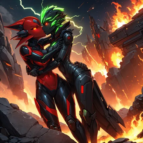 Female, kissing, hugging, loving, green black red, furry, anthro, kobold, android, metallic, robotic, shiny, no clothes, small breasts, thin body, curved thighs, standing, battlefield, holding blaster gun, demonic, glowing eyes, explosions, fires, lightnin...