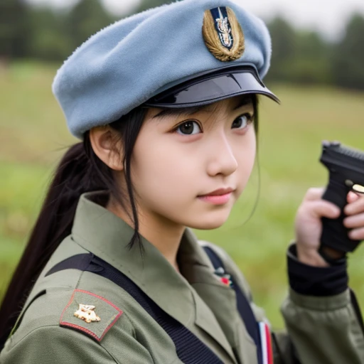 A girl wearing combat uniform and holding a gun