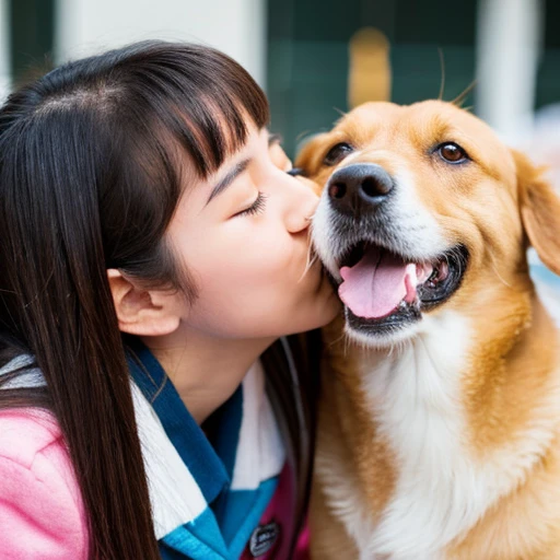 High school girl gets her face licked by a dog