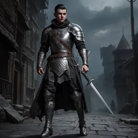 RPG style young boy wearing silver armor worn and cracked cuffs with metallic details extremely detailed dark hair shaved on the side shabby dark clothes holding shield and sword confident expression on face dark boots full body image with dark medieval fa...