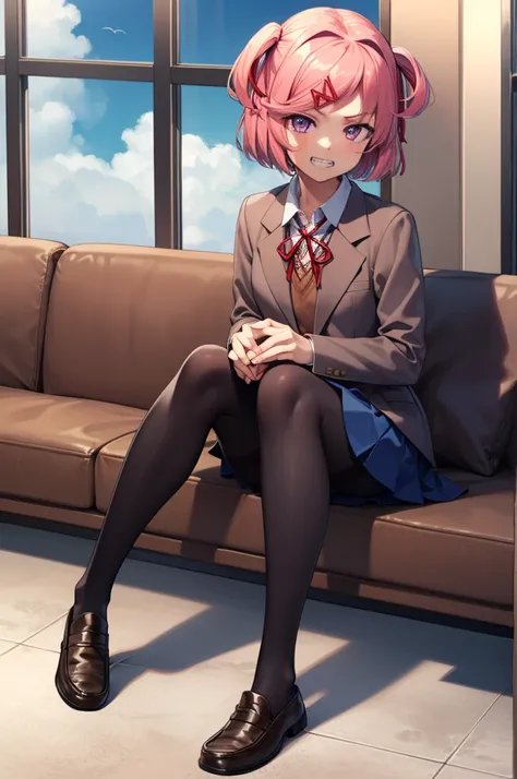 ((full body:1.4)), ddlcnatsuki, ddlcnatsuki, fang, hair ornament, pink hair, (purple eyes:1.1), short hair, short sidetail, swept bangs, x hair ornament, BREAK blazer, blue skirt, brown jacket, collared shirt, jacket, long sleeves, miniskirt, neck ribbon, ...