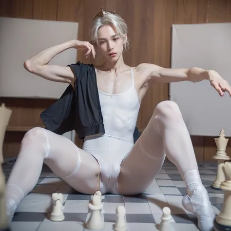 (4k, best quality, masterpiece, photo, beautiful eyes, ballet tights, lifelike crotch bulge, ballet style, looking at viewer:1.35), (tall androgynous male, chess ballet, checkmate, you played white and lost, your white king will be castrated because you fa...