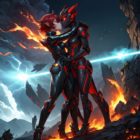 Female, kissing, hugging, loving, green black red, furry, anthro, kobold, android, metallic, robotic, shiny, no clothes, small breasts, thin body, curved thighs, standing, battlefield, holding blaster gun, demonic, glowing eyes, explosions, fires, lightnin...