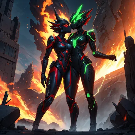 Female, kissing, hugging, loving, green black red, furry, anthro, kobold, android, metallic, robotic, shiny, no clothes, small breasts, thin body, curved thighs, standing, battlefield, holding blaster gun, demonic, glowing eyes, explosions, fires, lightnin...