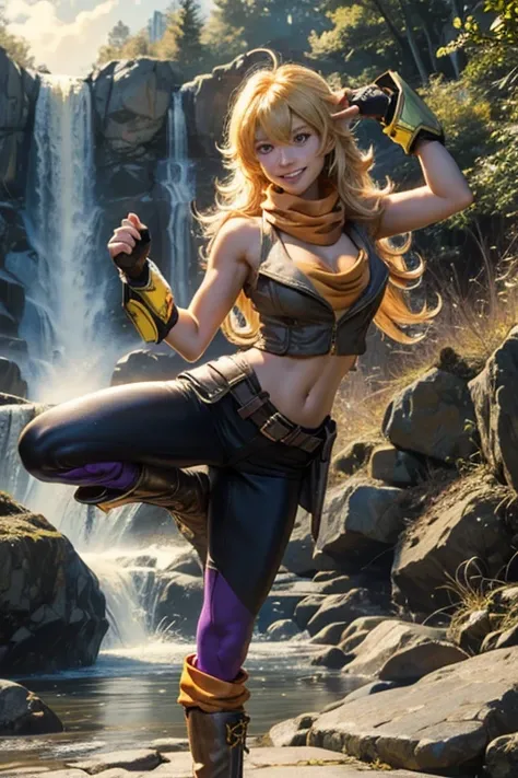 (masterpiece, best quality:1.2), cowboy shot, solo, 1girl, yang xiao long, grin, ahoge, purple eyes, yellow tube top, yoga pants, boots, black fingerless gloves, orange scarf, midriff, cleavage, large breasts, standing near waterfall