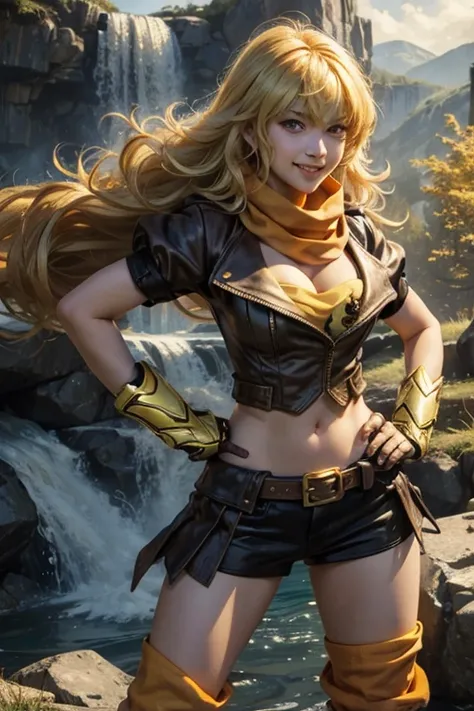 (masterpiece, best quality:1.2), cowboy shot, solo, 1girl, yang xiao long, grin, ahoge, purple eyes, yellow tube top, skirt, boots, black fingerless gloves, orange scarf, midriff, cleavage, large breasts, standing near waterfall