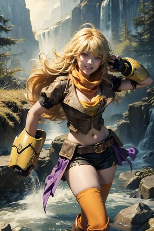 (masterpiece, best quality:1.2), cowboy shot, solo, 1girl, yang xiao long, grin, ahoge, purple eyes, yellow tube top, skirt, boo...