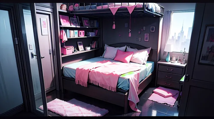 Masterpiece, absurdres, highres, 8k, epic, landscape, background, ((RAW photo)), ((realistic)), BREAK, cyberpunk inspired, kawaii, cyberpunk inspired apartment, pink, cute, pastel colors, kawaiitech, comfy bed, pastel kitchen, glass closet