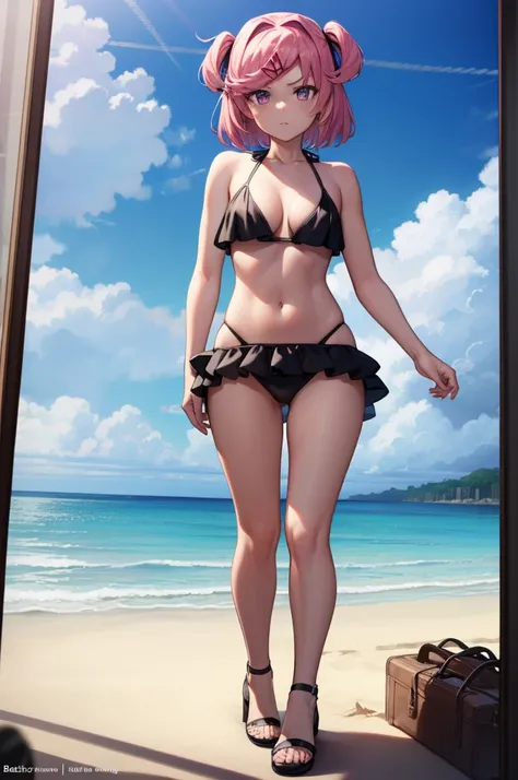 ((full body:1.4)), ddlcnatsuki, ddlcnatsuki, fang, hair ornament, pink hair, (purple eyes:1.1), short hair, short sidetail, swept bangs, x hair ornament, BREAK blazer, blue skirt,((black bikini:1.4)), x hair ornament, ((standing:1.4)), ((beach background:1...