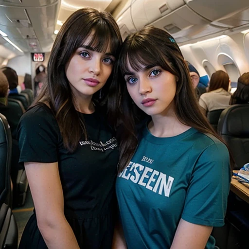 Teenage white Palestinian girl with long brown hair and bangs and green eyes wearing a black dress with short sleeves with her mom wearing makeup and eye liner and eye shadow and blue lipstick and wearing a blue Tshirt with short sleeves in an airplane