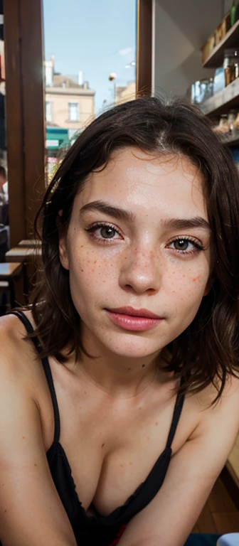 (indistinguishable from reality1.4), 1girl, A beautiful 42 y.or Québécoise  (detailed facial features), (freckles0.6), (acne0.3), en un cafe