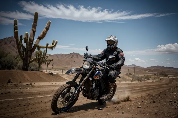 best quality, ultra-detailed, realistic, badass man, motorcyclist style, riding huge motocross, race, dark clothes, bellow the thunder, desert background, 8k