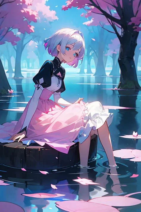 Shy 16 year old girl in a gothic dress with short white hair and light blue eyes with a shy smile, sitting in a lake surrounded by trees with pink petals floating around her, con grandes nubes en el cielo, 
fantasia oscura, sombreado fuerte.