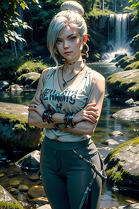 (masterpiece, best quality:1.2), cowboy shot, solo, 1girl, rwbywinter, expressionless, closed mouth, looking at viewer, crossed arms, hair over one eye, single hair bun, t-shirt, yoga pants, necklace, bangles, earrings, standing near waterfall