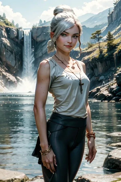 masterpiece, best quality:1.2), cowboy shot, solo, 1girl, rwbywinter, expressionless, closed mouth, looking at viewer, smile, hair over one eye, single hair bun, t-shirt, yoga pants, necklace, bangles, earrings, standing near waterfall