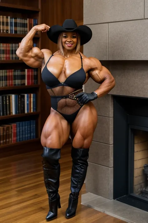 60 year old akilah female, bodybuilder, big muscles, big thighs, thin waist, (fishnet jumpsuit), cowboy hat, high heels, latex boots, walking inside library next to fireplace