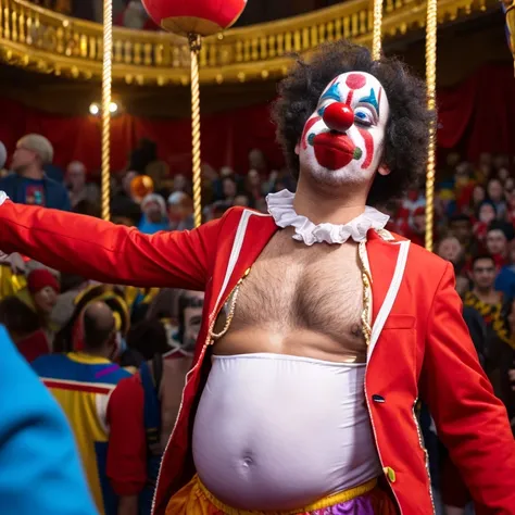 Clown man gets fat Clown man&#39;Inside the circus wearing a clown suit with a round belly