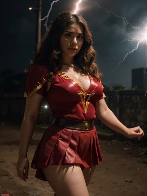 A woman with chubby cheeks, flat nose, big chest, curly hair, ideal body, styled like a super hero, wearing a red kebaya, short skirt, shadow effect, lightning flash effect, superhero movie effect