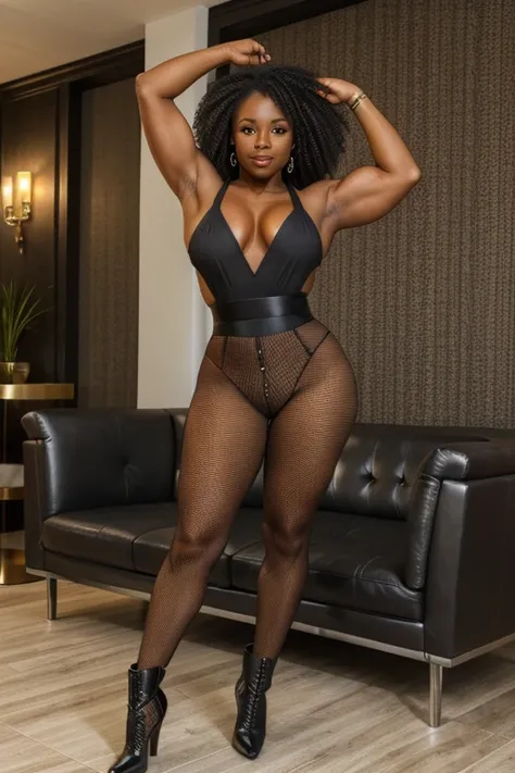 60 year old akilah female, grey hair, bodybuilder, big muscles, big thighs, thin waist, (fishnet jumpsuit), high heels, latex boots, walking inside mansion lounge sofas