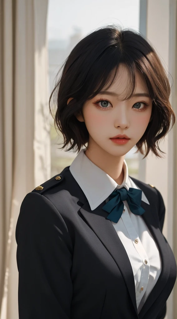 Girl, Single, Best Quality, Upper Body, Beautiful, Pretty, Radiant, Breast-Large, Short Hair, Masterpiece, Cat Eyes, Uniform, Black Hair