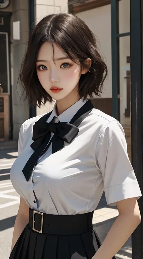 Girl, Single, Best Quality, Upper Body, Beautiful, Pretty, Radiant, Breast-Large, Short Hair, Masterpiece, Cat Eyes, Uniform, Black Hair