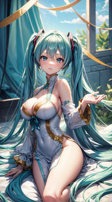 Hatsune Miku with big breasts，long whitr hair。Gorgeous dress