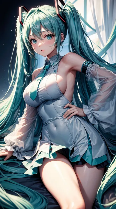 Hatsune Miku with big breasts，long whitr hair。Gorgeous dress