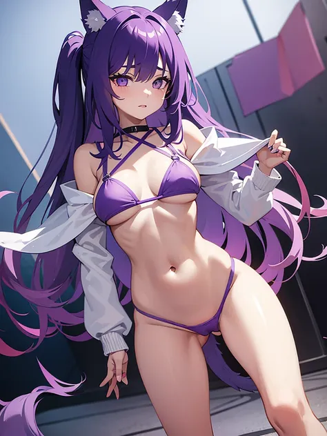 Girl with purple long hair wolf ears and tail in a bikini stripping naked spreading her legs apart showing her vagina