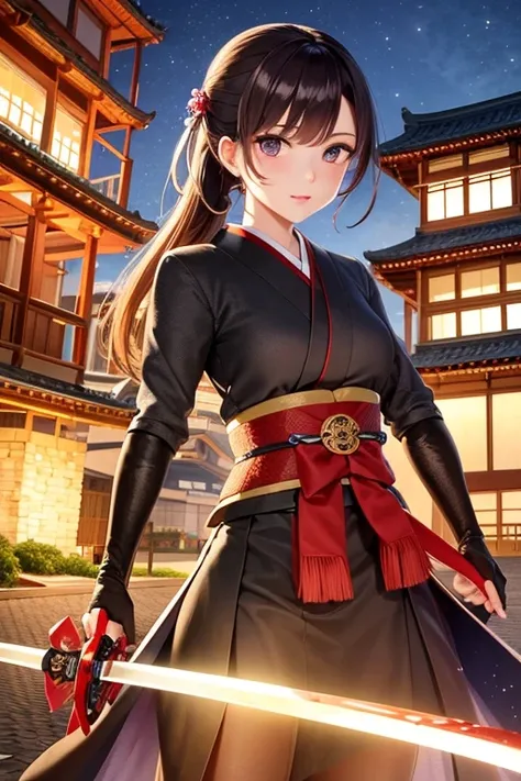 (8k wallpaper, Raw photography, top-quality, ​masterpiece:1.2), depth of fields, full bodyesbian, 1girl in, 20yr old, Long Focus, komono, poneyTail, A dark-haired, Bakumatsu female swordsman, Sword, Hold the sword, haori, hakama, landscape, Blood, blood sp...