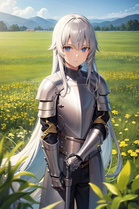 knight, field, silver armor, solo, man, long hair