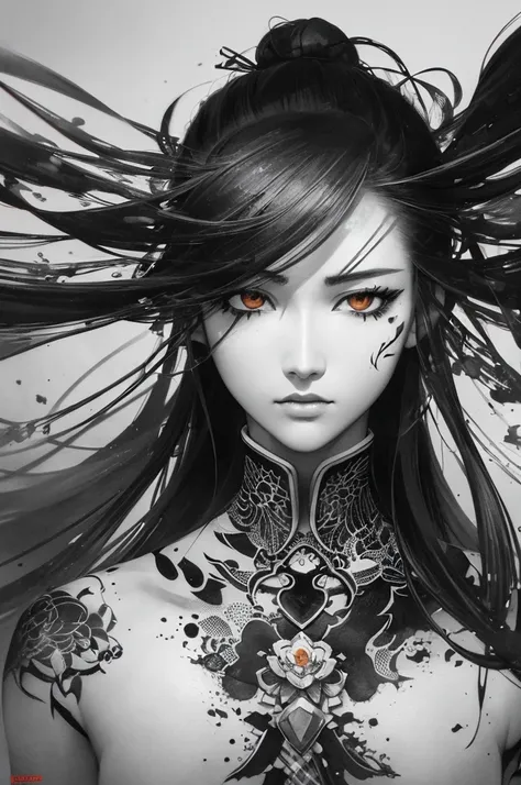 face portrait of meiyucipher 1girl orange spike aura in motion, damaged chinese clothes, floating pieces, trending on artstation...