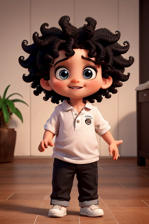 Cute 2 year old white male baby with black very curly hair and bright eyes and highlighted ears , roupa do poderoso chefinho