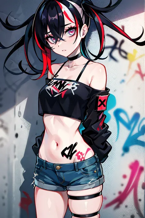 absurdres, best quality,1girl, solo, streaked hair, crop top, denim shorts, choker, (graffiti:1.25),  paint splatter, arms behind back, (slouching), leaning back, against wall, (leaning to the side:0.125), looking at viewer, armband, thigh strap, streaked ...