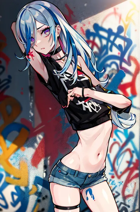 absurdres, best quality,1girl, solo, streaked hair, crop top, denim shorts, choker, (graffiti:1.25),  paint splatter, arms behind back, (slouching), leaning back, against wall, (leaning to the side:0.125), looking at viewer, armband, thigh strap, streaked ...