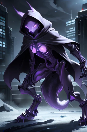 girl, wolf face, demon, ((slender)), ((protruding hipbones)), cyborg digitigrade legs, furry tail, ((protruding rib bones)), purple glowing eyes, serious expression, lace hooded poncho, night, snowy city, serious expression,