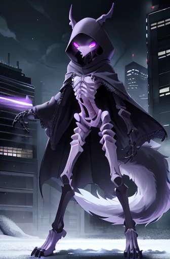 girl, wolf face, demon, ((slender)), ((protruding hipbones)), cyborg digitigrade legs, furry tail, ((protruding rib bones)), purple glowing eyes, serious expression, lace hooded poncho, night, snowy city, serious expression,