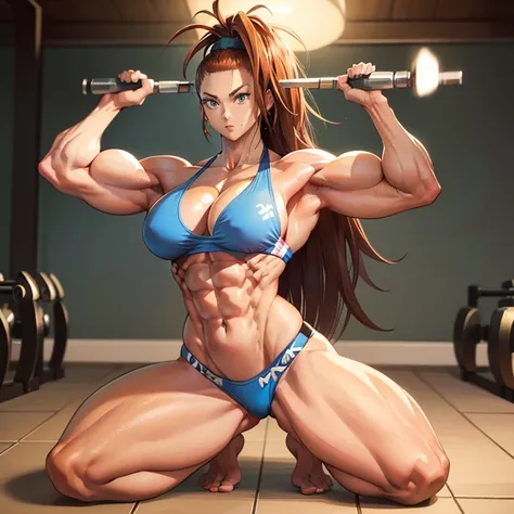 Anime, High quality full body image of Captain Mizuki (one pusch ms Bodybuilderin im engen Bikini, tanga, ohne Schuhe, feet, bare feet, massive muscular body, huge muscular shoulders, Massive big biceps, Venen im Bizeps, Muskelbeine, massive muscular abs, ...