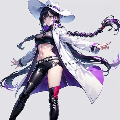 highest quality, masterpiece, 1 mature woman, white leather coat, (black crop top), black hair tied into one braid with purple streaks, white cowboy hat, (black pants), ((red knee-high boots)), green eyes, serious look, confident pose, full body