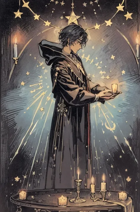 tarot card, the magician, man, standing, robes, (holding candle up), table with items, star, pentacle, cup, sword, wand