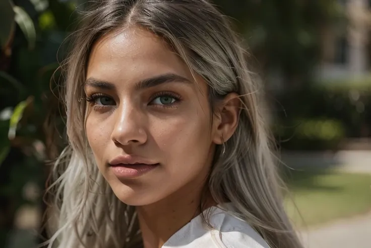 close-up portrait photo from the side of a beautiful dark tanned Latina face with bright green eyes, straight long flowing bleached light grey hair, fitness model, large wide mouth, large lips, dramatic lighting, shadows, Instagram model, Victoria secret m...