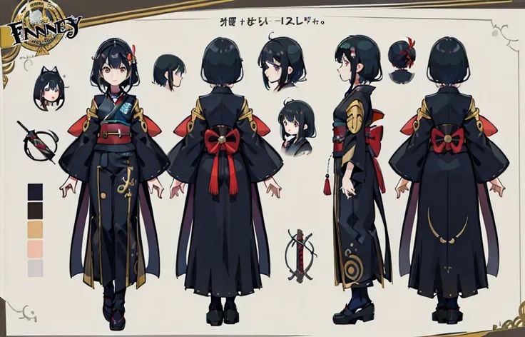 1人, reference sheet, (Fantasy character design, Front, back, Side) girl, princess, long black hair, kimono, koi