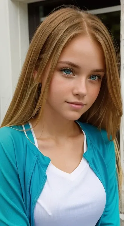 A photo of a beautiful girl with (long / short) (blonde / brunette / redhead) hair and (blue / green / brown) eyes. She is wearing a (casual / formal / sporty) outfit and has a (happy / sad / serious) expression on her face