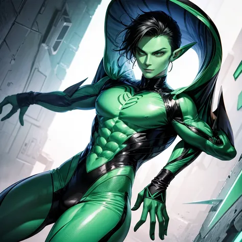 Masculine alien, sexy, skin tight clothes, color theme whites and greens