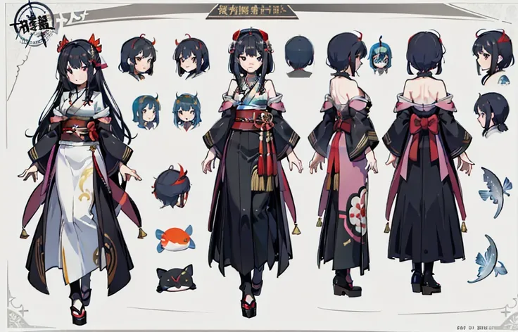 1人, reference sheet, (Fantasy character design, Front, back, Side) girl, princess, long black hair, kimono, koi