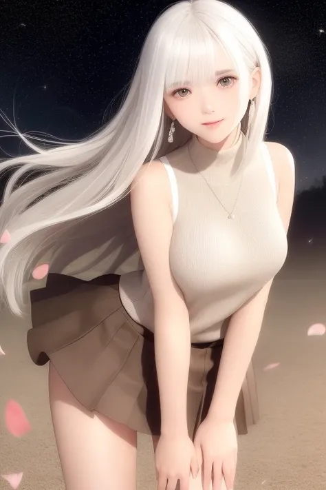 (Short flowy haircut) ,(((dark brown eye color))), cute medium side bangs, (((white hair))), starry skyscape, blooming cherry tree at the center of the background, (starry evening sky), ultra detailed, young Japanese woman , wearing simple earrings and nec...