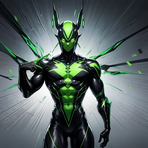 Masculine, humanoid alien, two sets of arms, sexy, skin tight clothes, color theme blacks and greens