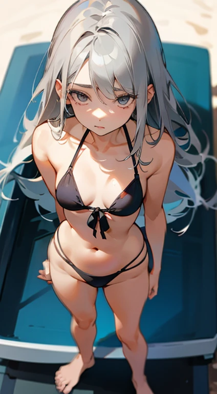 gray hair, straight hair, Woman standing, woman wearing bikini, full body image, mature face, adult, close up