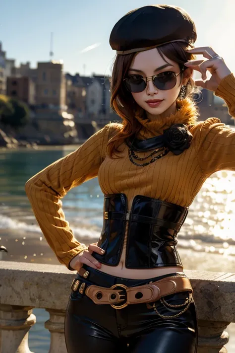 (masterpiece, best quality:1.2), cowboy shot, solo, 1girl, coco adel, grin, looking at viewer, hand on hip, beret, sunglasses, orange sweater, corset, black gloves, yoga pants, jewelry, belt, bandolier, standing on veranda