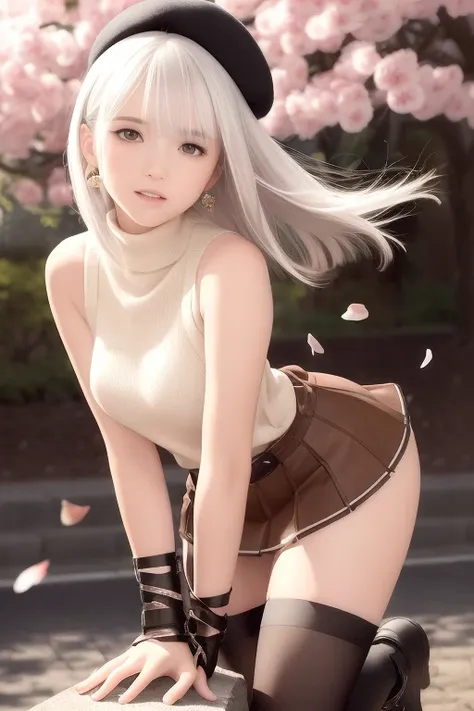 (Short flowy haircut) ,(((chestnut brown eye colour))), cute medium side bangs, (((white hair))), blooming cherry tree at the center of the background, ultra detailed, young Japanese woman , wearing simple earrings and necklace, ((wearing leather thigh str...