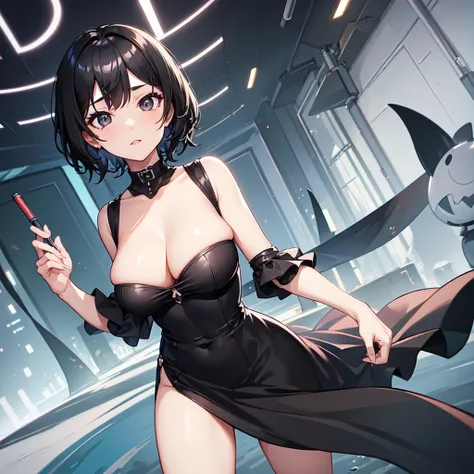 1girl, solo, short hair, black hair, black eyes, huge breasts, black dress, strapless dress, tube dress